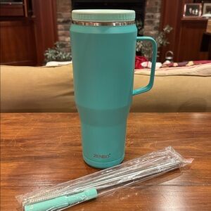 NEW Zenbo Insulated Travel Mug Lidded Vacuum Insulated 30 oz Tumbler Straw Brush